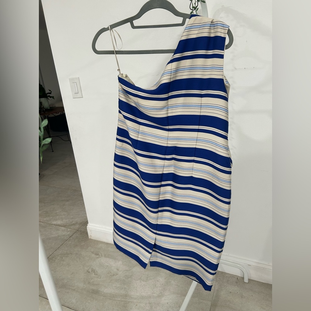 Banana Republic One-Shoulder Dress in Blue and Cream Stripes